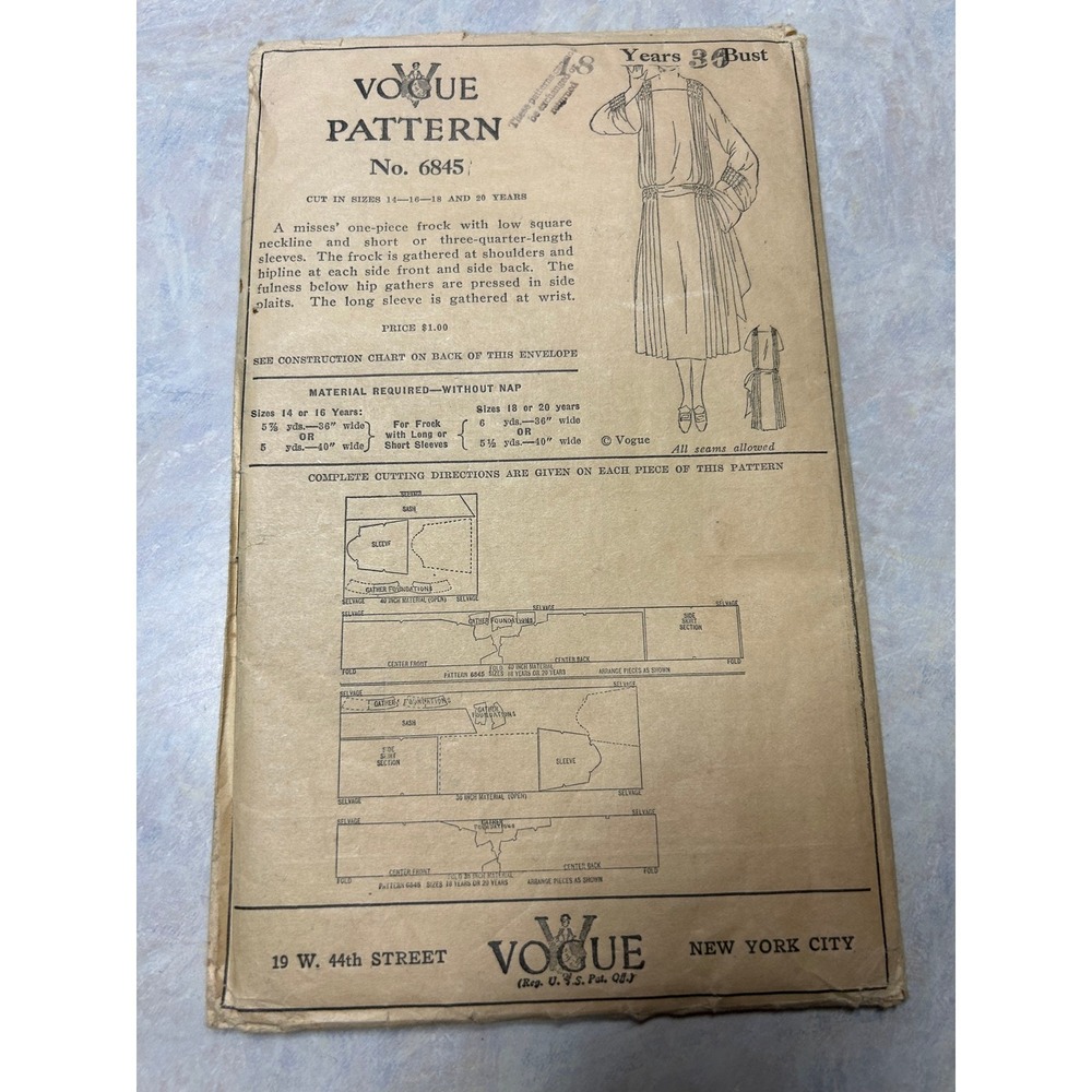 Vintage 1920's Vogue Pattern #6845 One Piece Drop Waist Frock Size‎ 18 Years HTF